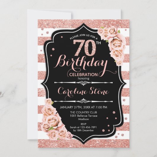 70e verjaardag zwart Roos Gold en witte strepen Kaart (Voorkant)