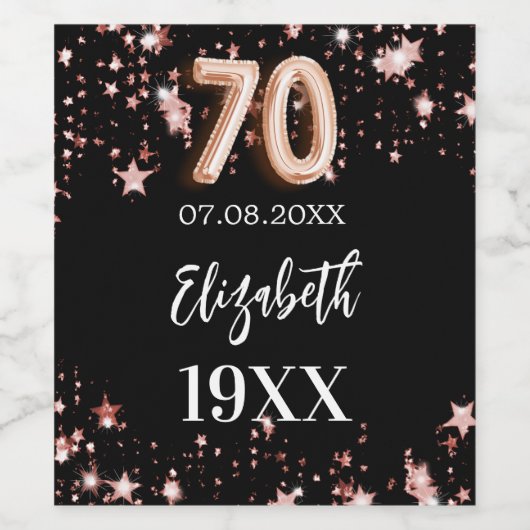 70e verjaardag zwart roos gouden sterren wijn etiket (Enkel label)
