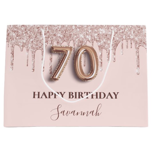 70e verjaardag zwart roze glitter druppelt roos go groot cadeauzakje (Voorkant)