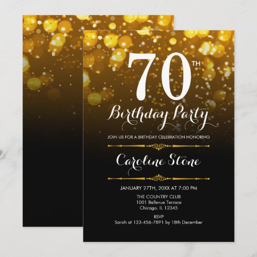 70e verjaardag - Zwart Wit Goud Kaart (Voorkant / Achterkant)