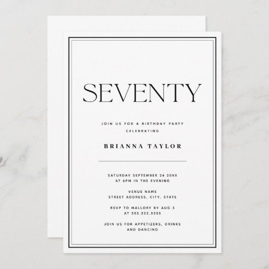 70e verjaardag Zwart & Wit Kaart (Voorkant / Achterkant)