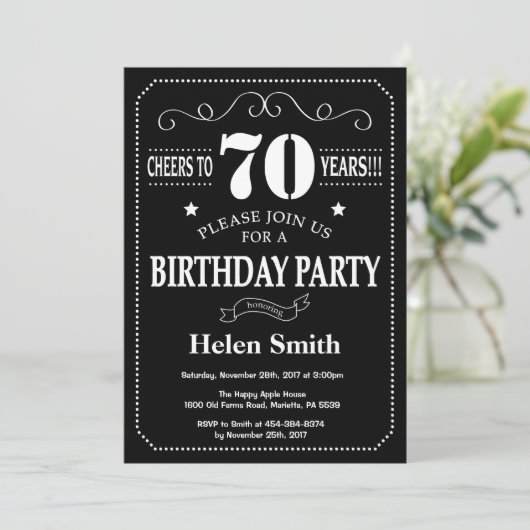 70e verjaardag zwart-wit karton kaart (Staand voorkant)
