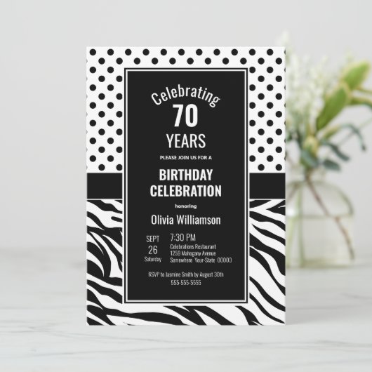70e verjaardag Zwart Wit Stippen Zebra Strepen Kaart (Staand voorkant)