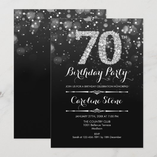 70e verjaardag - Zwart Zilver Kaart (Voorkant / Achterkant)