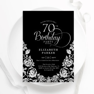 70e Verjaardag Zwart Zilveren Rozen Kaart