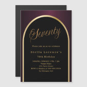 70e verjaardag zwarte Bourgondische gouden boog lu Magnetische Uitnodiging (Voorkant / Achterkant)