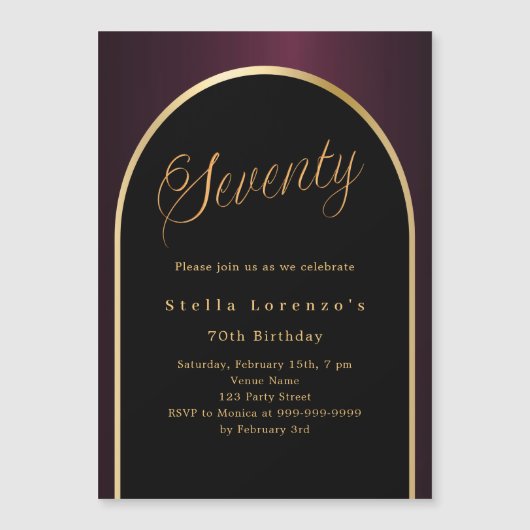 70e verjaardag zwarte Bourgondische gouden boog lu Magnetische Uitnodiging (Voorkant)