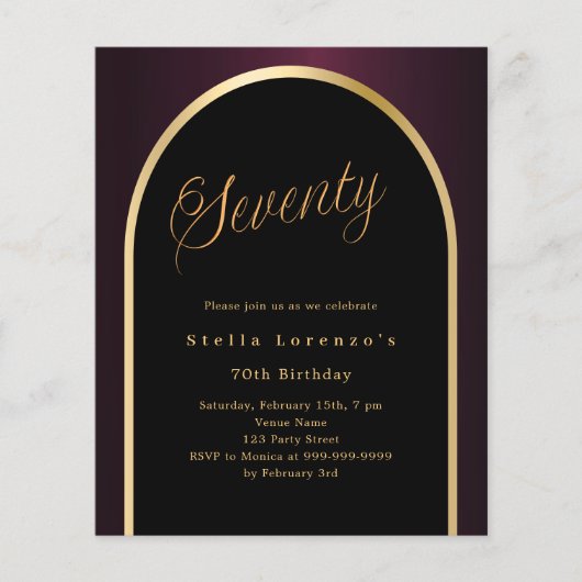 70e verjaardag zwarte Bourgondische gouden boog ui (Voorkant)