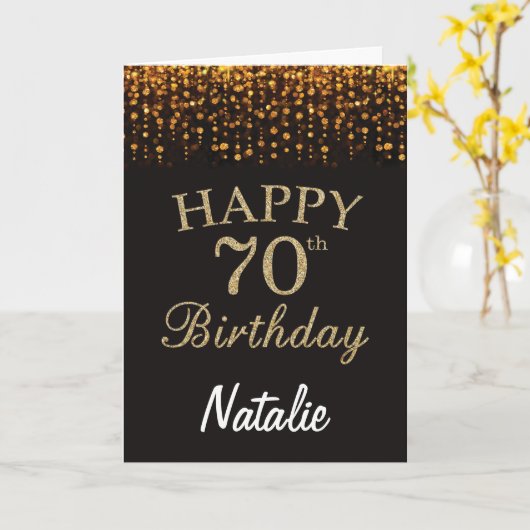 70e verjaardag zwarte en Gold Glitter Card Kaart (Gele Bloem)