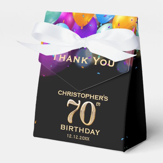 70e verjaardag Zwarte en gouden ballonnen Bedankdoosjes (Voorkant Zijde)