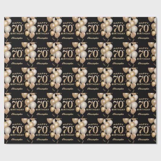 70e verjaardag zwarte en gouden ballonnen cadeaupapier (Vlak)