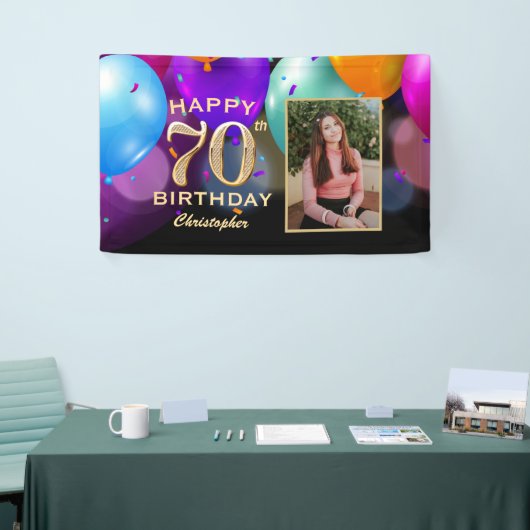 70e verjaardag Zwarte en gouden ballonnen Foto Spandoek