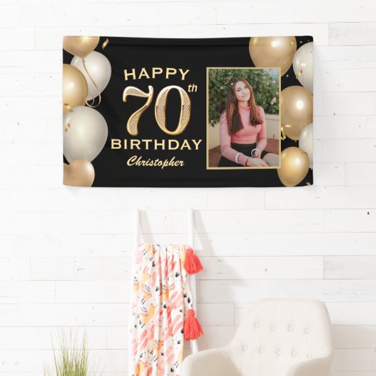 70e verjaardag Zwarte en gouden ballonnen Foto Spandoek (Insitu)