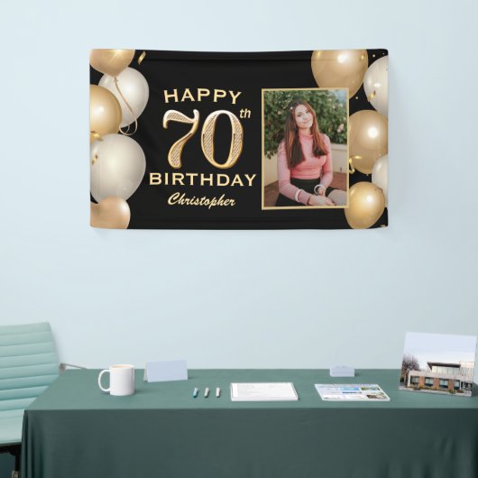 70e verjaardag Zwarte en gouden ballonnen Foto Spandoek (Beurs)