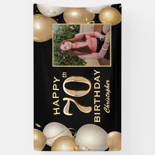 70e verjaardag Zwarte en gouden ballonnen Foto Spandoek (Verticaal)