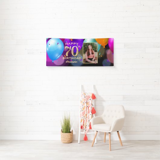 70e verjaardag Zwarte en gouden ballonnen Foto Spandoek (Insitu)