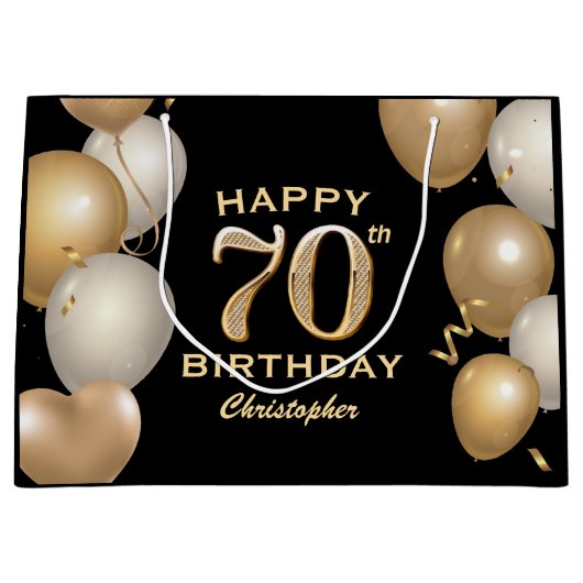 70e verjaardag Zwarte en gouden ballonnen Groot Cadeauzakje (Voorkant)