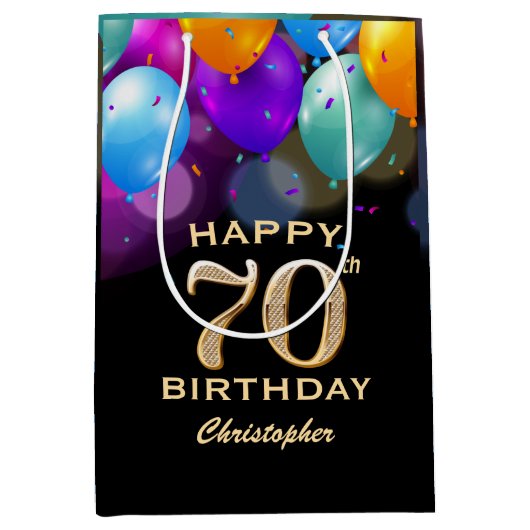 70e verjaardag Zwarte en gouden ballonnen Medium Cadeauzakje (Voorkant)