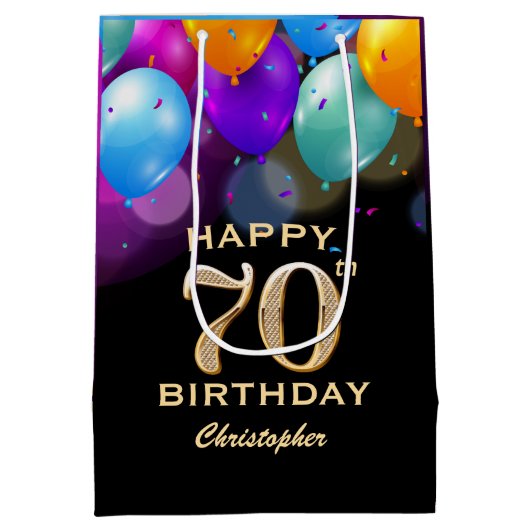 70e verjaardag Zwarte en gouden ballonnen Medium Cadeauzakje (Achterkant)