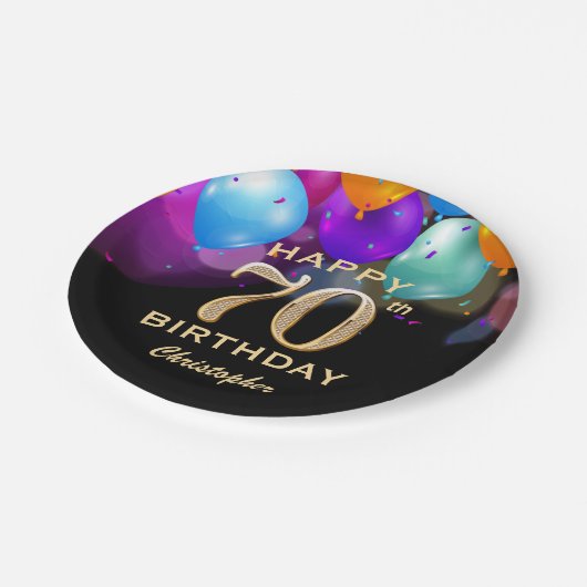 70e verjaardag Zwarte en gouden ballonnen Papieren Bordje (Gekanteld)