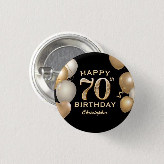 70e verjaardag Zwarte en gouden ballonnen Ronde Button 3,2 Cm (Voorkant /achterkant)