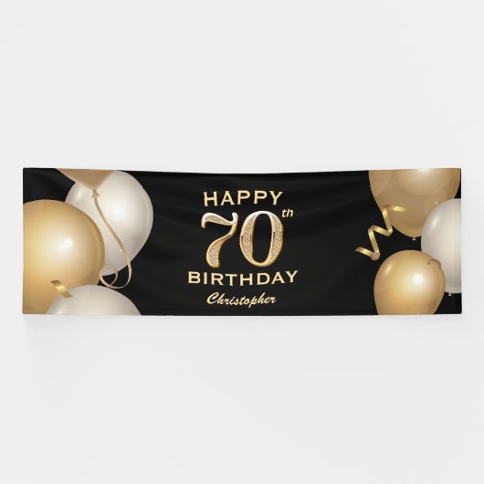 70e verjaardag Zwarte en gouden ballonnen Spandoek (Horizontaal)