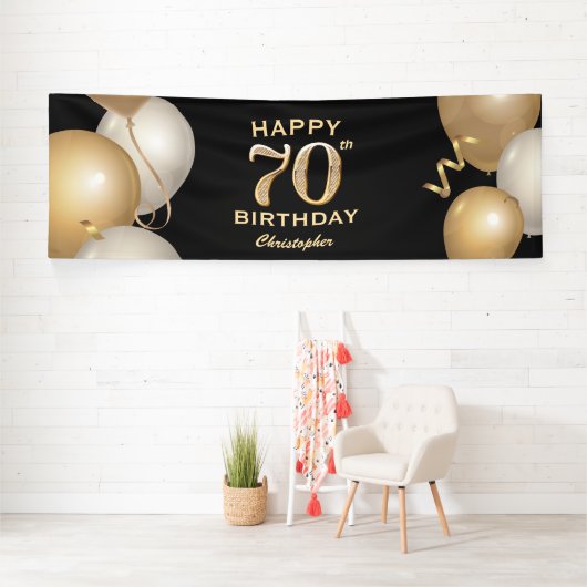 70e verjaardag Zwarte en gouden ballonnen Spandoek (Insitu)