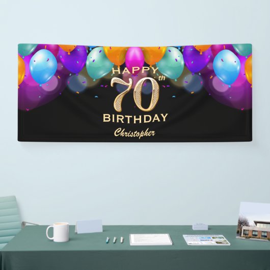 70e verjaardag Zwarte en gouden ballonnen Spandoek (Beurs)