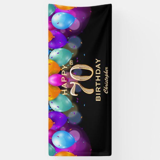 70e verjaardag Zwarte en gouden ballonnen Spandoek (Verticaal)