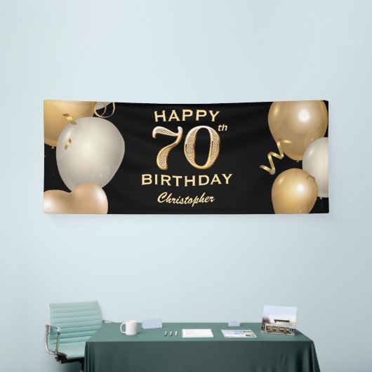 70e verjaardag Zwarte en gouden ballonnen Spandoek (Beurs)