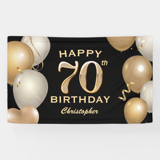 70e verjaardag Zwarte en gouden ballonnen Spandoek (Horizontaal)