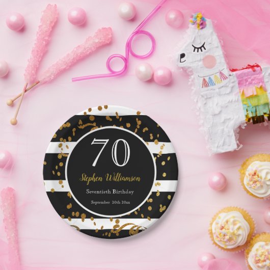 70e verjaardag | Zwarte en gouden glitter Papieren Bordje (Feest)