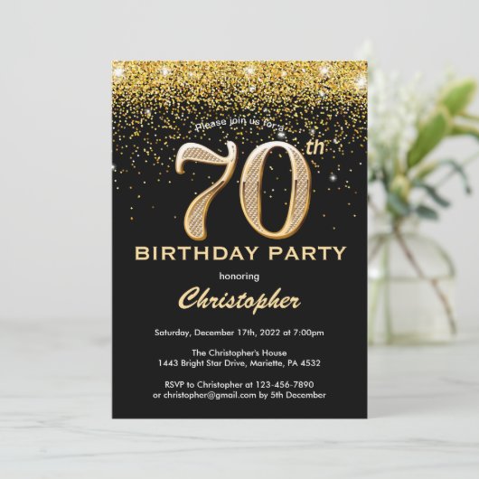 70e verjaardag zwarte en goudglitter-Confetti Kaart (Staand voorkant)