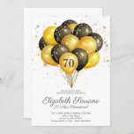 70e verjaardag zwarte en goudglitteruitnodiging kaart<br><div class="desc">Zeventig en sensationeel stijlvolle zwarte en gouden ballonnen en gouden glitter-verjaardagsfeest. Modern,  stijlvol en elegant.</div>