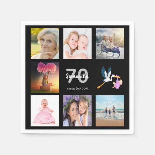 70e verjaardag zwarte foto collage naam servet (Voorkant)