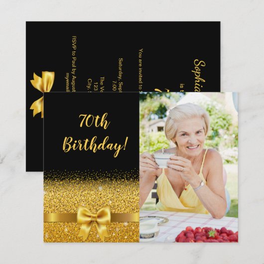 70e verjaardag zwarte gouden aangepaste foto elega kaart (Voorkant / Achterkant)