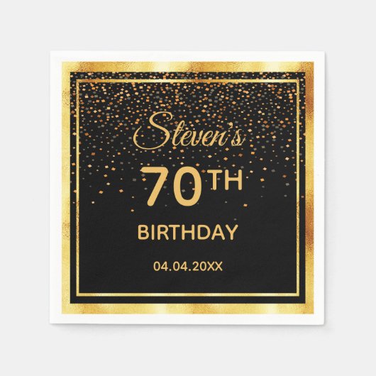 70e verjaardag zwarte gouden confetti naam man servet (Voorkant)