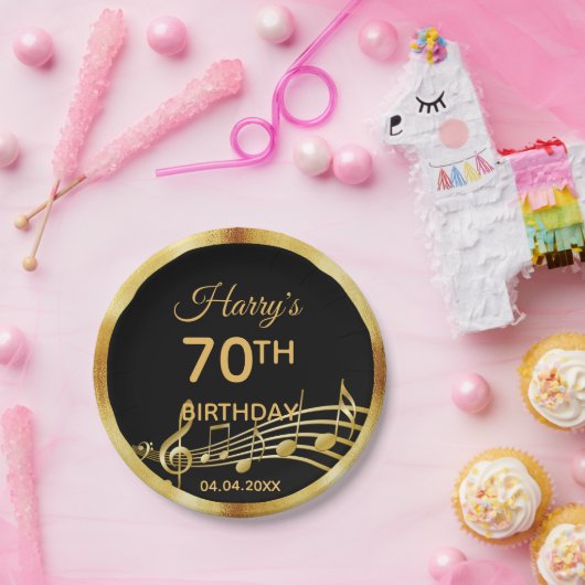 70e verjaardag zwarte gouden muzieknoten naam papieren bordje (Feest)