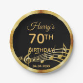 70e verjaardag zwarte gouden muzieknoten naam papieren bordje (Voorkant)