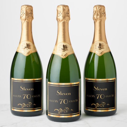 70e verjaardag zwarte gouden naam klassiek sparkling wijnetiket (Flessen)