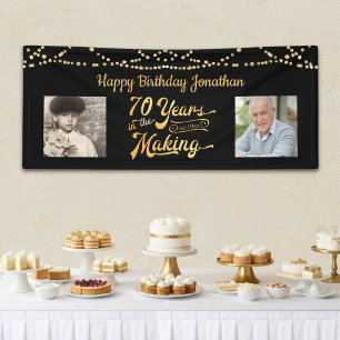 70e verjaardag Zwarte Gouden Slingerlichten Foto's Spandoek