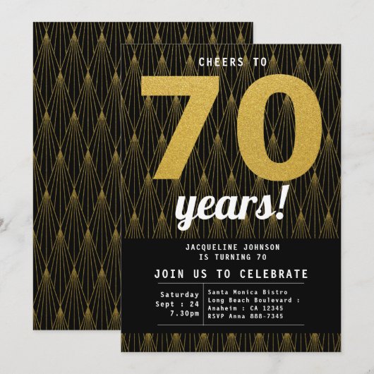 70e verjaardag zwarte goudfeest kaart (Voorkant / Achterkant)