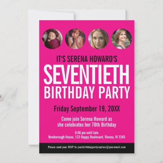 70e verjaardag zwarte witte roze fotocirkels kaart (Voorkant)