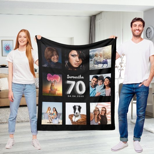 70e verjaardag zwarte zilveren foto collage naam fleece deken