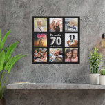 70e verjaardag zwarte zilveren fotocollage imitatie canvas print<br><div class="desc">Een unieke gave voor een 70e verjaardag, die haar leven viert met een collage van acht van je eigen foto's, afbeeldingen. Pas haar naam en een datum aan en voeg deze toe. Een zwarte achtergrond. De naam wordt geschreven met een modern handgeschreven stijlmanuscript, nummer 70 met een faux zilveren ballonstijldoopvont....</div>
