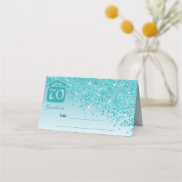 70e verjaardagsfeest Blauwgroen Blue Glitter Plaatskaartje