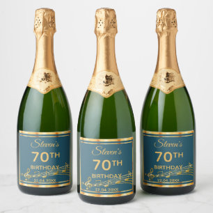70e verjaardagsfeest elegant blauwgroen en gouden  sparkling wijnetiket