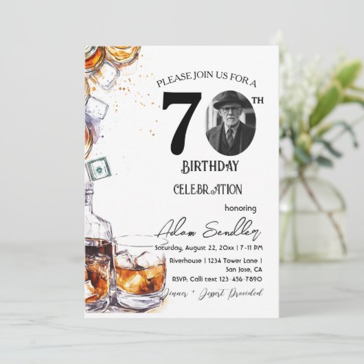 70e verjaardagsfeest en whisky en drinken kaart (Staand voorkant)