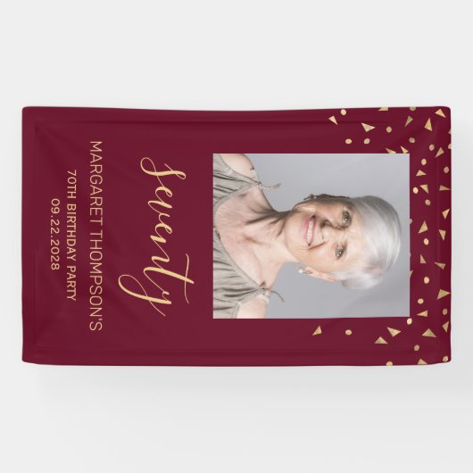 70e Verjaardagsfeest Foto Gold Confetti Bourgogne Spandoek (Horizontaal)