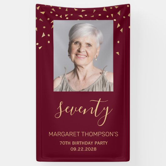 70e Verjaardagsfeest Foto Gold Confetti Bourgogne Spandoek (Verticaal)